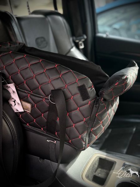Авто кресло сумка на подлокотник для собак эко кожа с черным + Оксфорд  pidlokitnyk-shkira-red-oxford фото